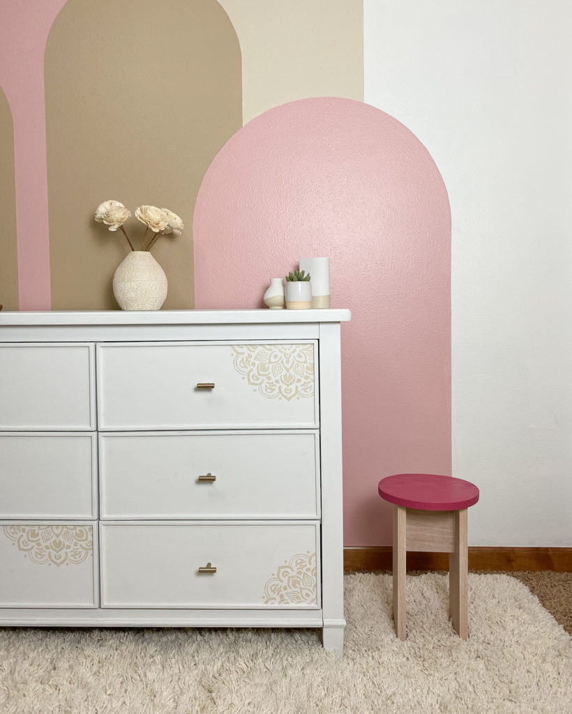 Daughter's Pink Room with closer look at stool