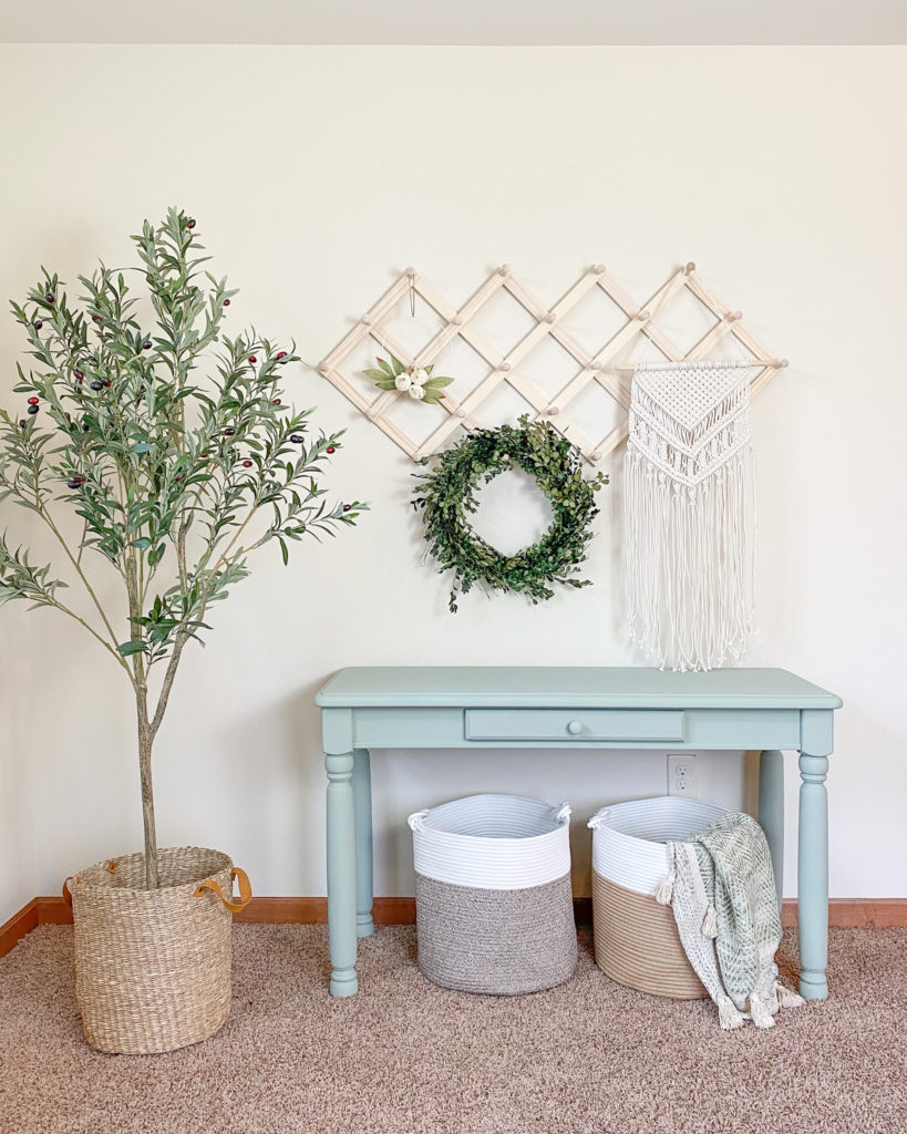 Refinished console table in a soft green chalky finish paint color