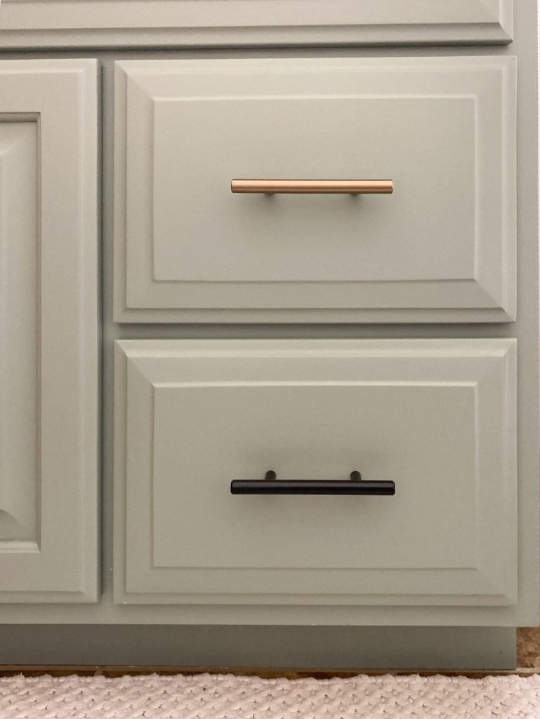 Painted Bathroom Cabinet in Sage Green with Bronze and Black Hardware