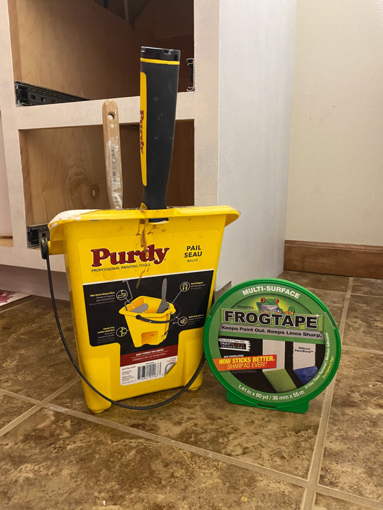 Painting Bathroom Cabinets with Purdy Paint Pail and Frogtape